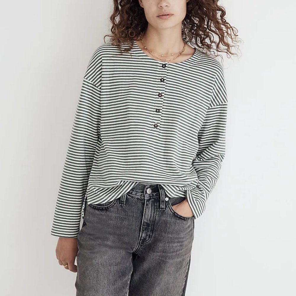 MADEWELL SAGE DOUBLE-FACED STRIPED HENLEY TEE TOP